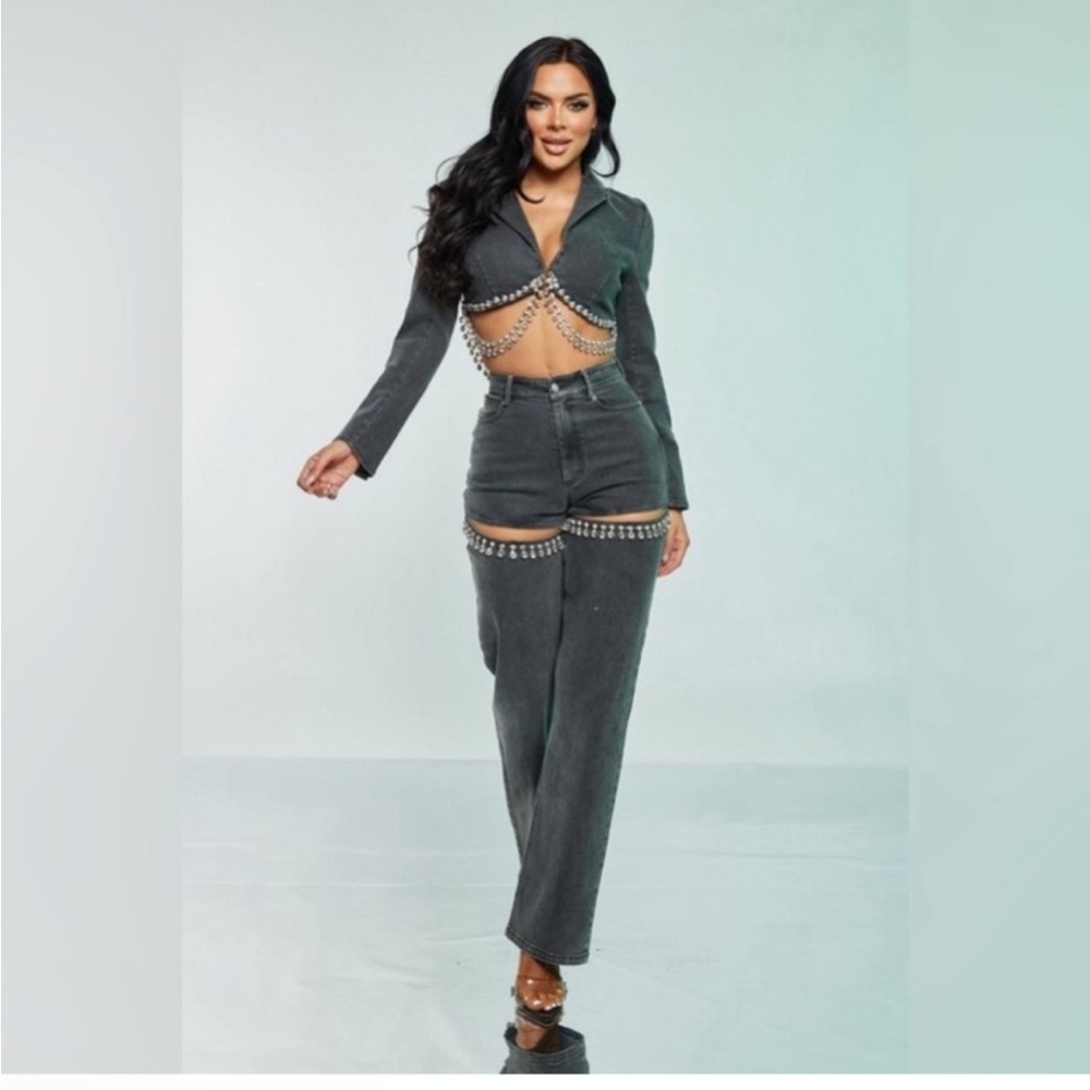 Jeweled Crop Jean Jacket and Jean Set in Black NWT